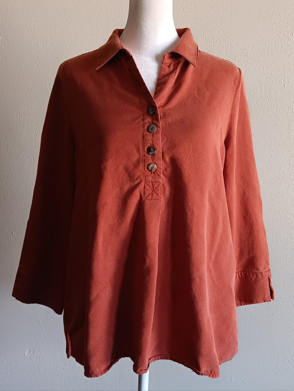 Soft Surroundings 100% Tencel 3/4 Sleeve Rust Blouse Womens Sz. PM Petite Medium